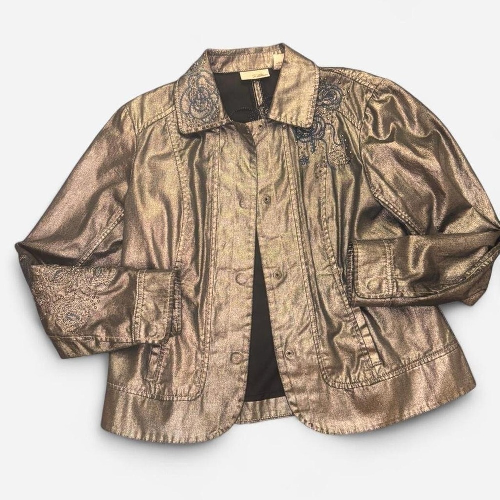 Chico's Platinum Metallic Embroidered Jacket Womens Size 1 Floral Y2K Glam Coat